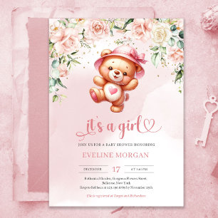 Invitación Un dulce y juguetón oso de peluche chica en una du