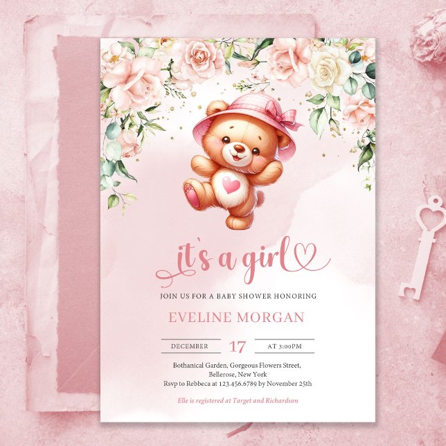 Invitación Un dulce y juguetón oso de peluche chica en una du (Cute playful teddy bear girl baby shower invitation with heart shaped font)