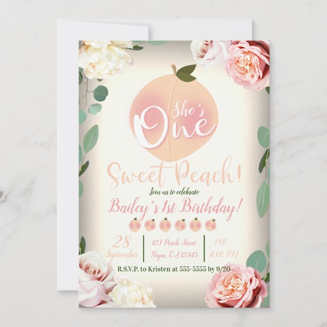 Invitación UN DURAZNO DULCE Fiesta de cumpleaños floral 1er a (Anverso)