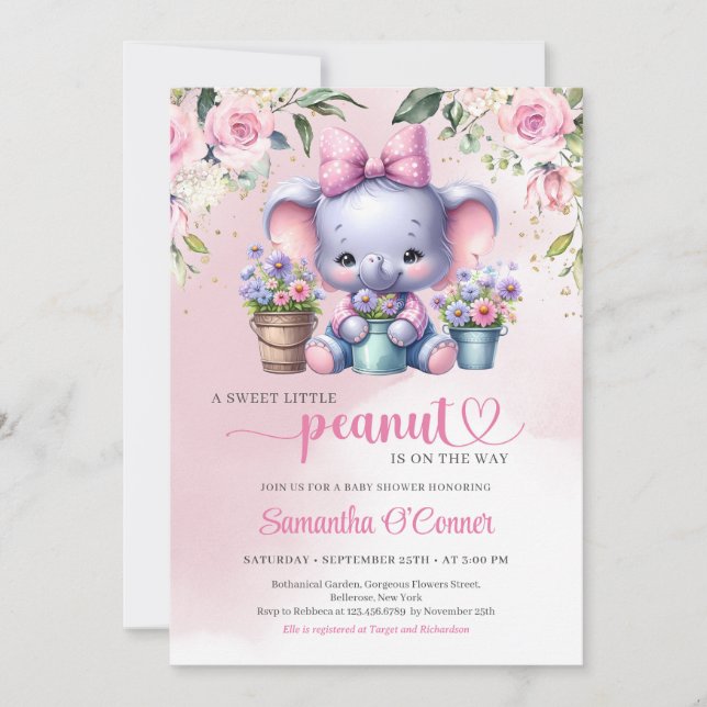 Invitación Un elefante adorable pequeño cacahuete rosa pastel (Anverso)