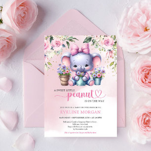 Invitación Un elefante adorable pequeño cacahuete rosa pastel