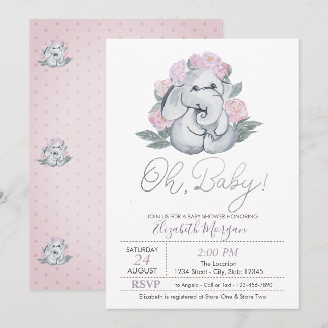 Invitación Un elefante bebé lindo domina el Baby Shower flora (Anverso / Reverso)