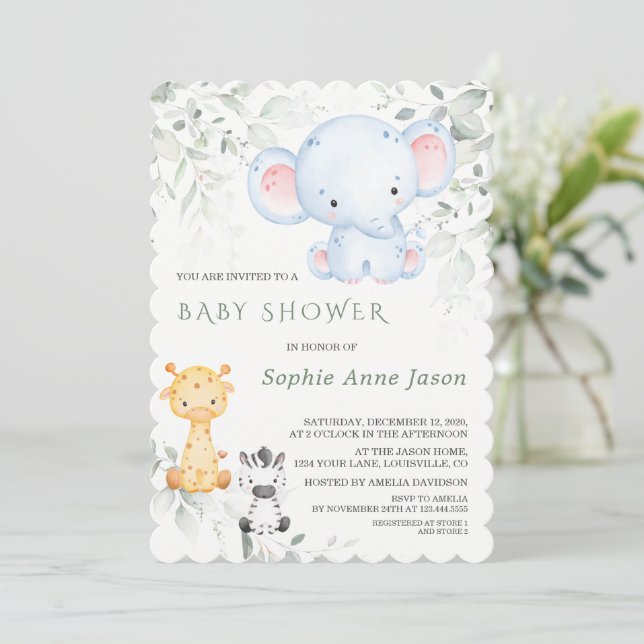 Invitación Un elefante bebé lindo y un Baby Shower Safari de  (Anverso de pie)