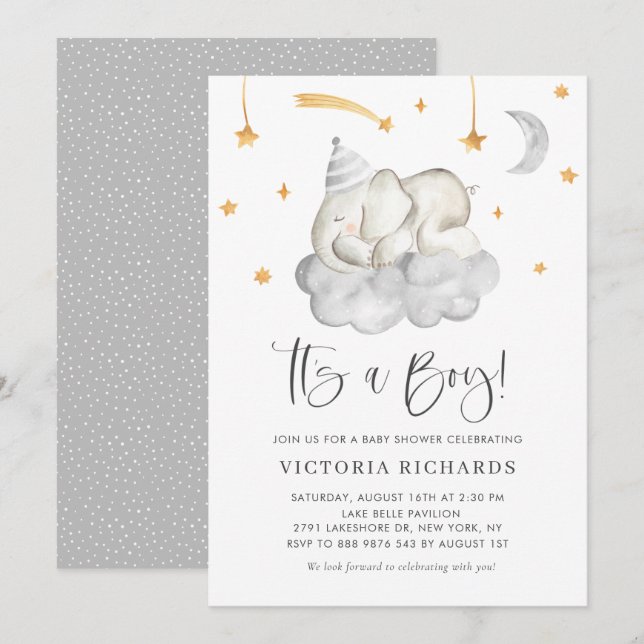 Invitación Un elefante durmiente lindo es un Baby Shower gris (Anverso / Reverso)