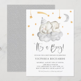 Invitación Un elefante durmiente lindo es un Baby Shower gris