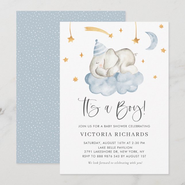 Invitación Un elefante durmiente lindo es un niño Baby Shower (Anverso / Reverso)