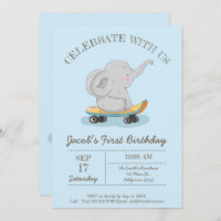 Un elefante lindo en una patineta. Cumpleaños