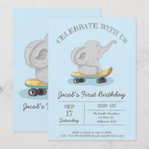 Invitación Un elefante lindo en una patineta. Cumpleaños
