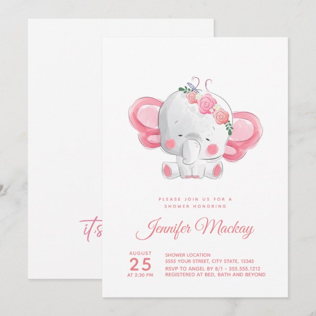 Invitación ¡Un elefante lindo, un Chica! Baby Shower (Anverso / Reverso)