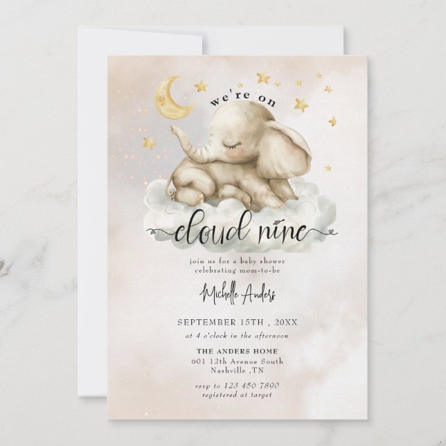 Invitación Un elefante pequeño | Baby Shower de nubes acuarel (Anverso)