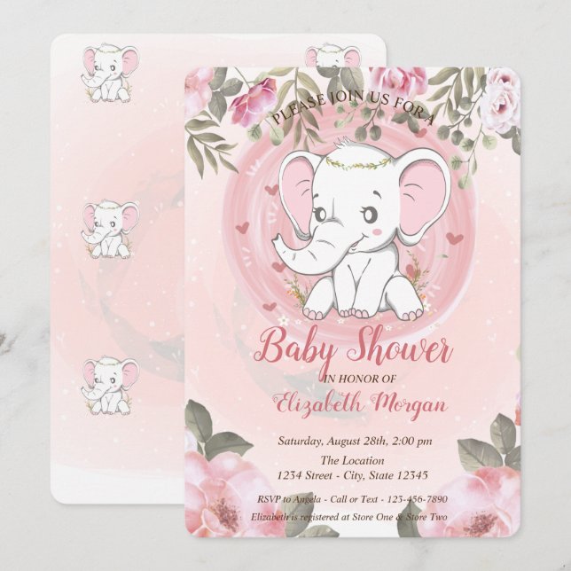 Invitación Un elefante pequeño, un Baby Shower floral (Anverso / Reverso)