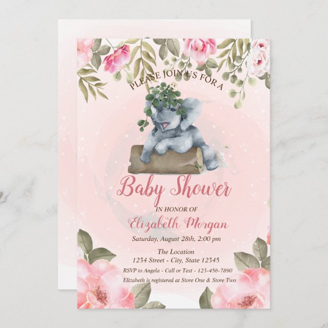 Invitación Un elefante pequeño, un Baby Shower floral (Anverso / Reverso)