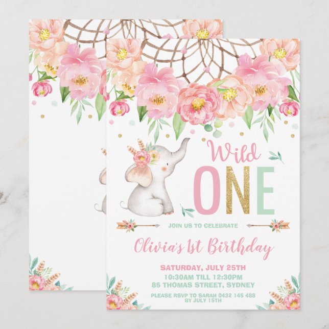 Invitación Un Elefante Salvaje Primer Cumpleaños Boho Floral  (Anverso / Reverso)