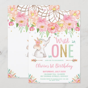 Invitación Un Elefante Salvaje Primer Cumpleaños Boho Floral 
