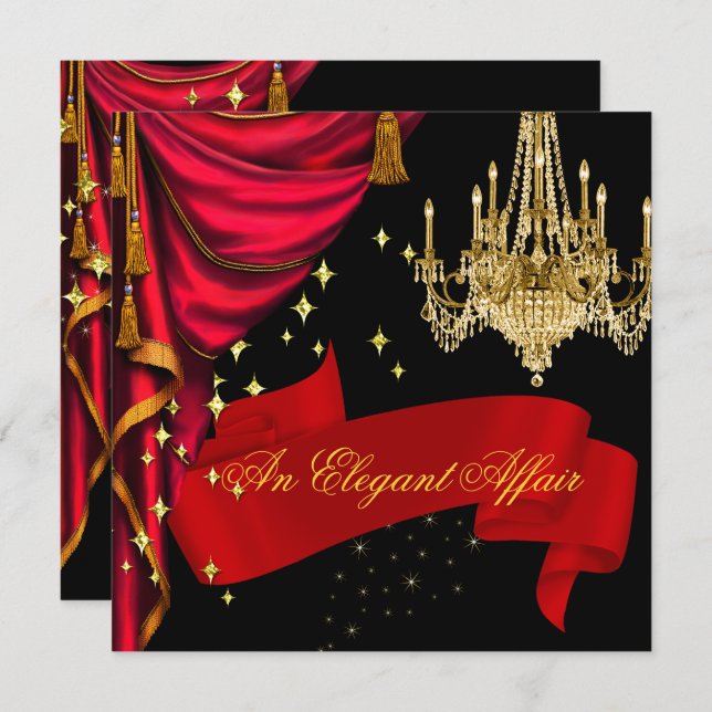 Invitación Un elegante asunto Red Gold Chandelier Corporate (Anverso / Reverso)