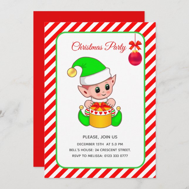 Invitación Un elfo lindo con Navidades rojos y blancos (Anverso / Reverso)
