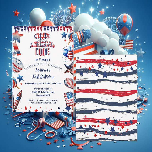 Invitación Un estadounidense 4 de julio Día de los Azules Roj (One American Dude 4 July Red White Blue Birthday Invitation)