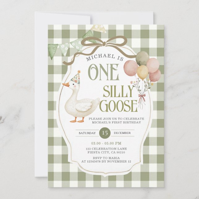 Invitación Un estúpido Cumpleaños Goose Sage Green Gingham (Anverso)