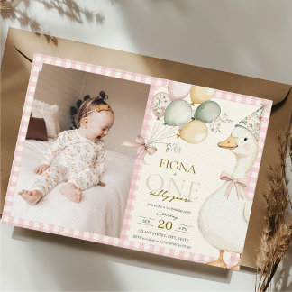 Invitación Un estúpido Goose Gingham Rosa Primer Cumpleaños F