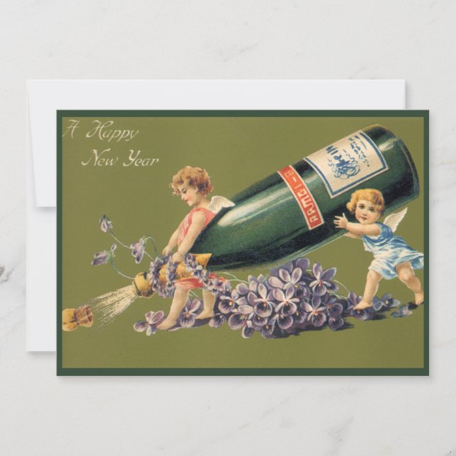 Invitación Un feliz año nuevo, ángeles de época con champán (Anverso)