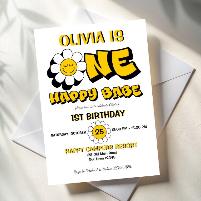 Invitación Un feliz bebé retro daisy fiesta de primer cumplea (One happy babe retro groovy daisy girls 1st birthday party invitation template yellow and black)