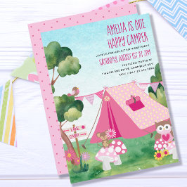 Invitación Un feliz camper Chica de carpas rosadas Primer cum