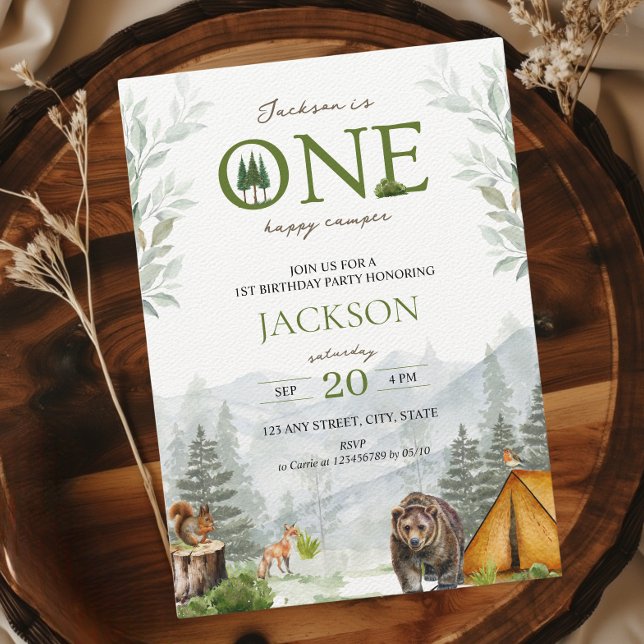 Invitación UN feliz Camper Mountains Adventure 1er cumpleaños (One Happy Camper 1st birthday  Invitation)