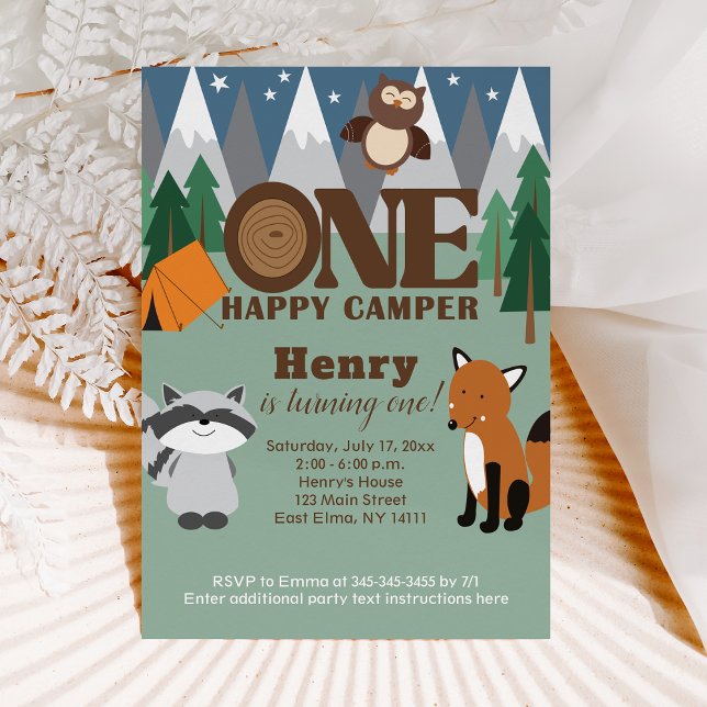 Invitación Un feliz Camper Woodland Animals Primer Niño de Cu (ONE Happy Camper 1st Birthday Invitation)