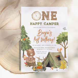 Invitación Un feliz camper Woodland Bear Boys primer cumpleañ