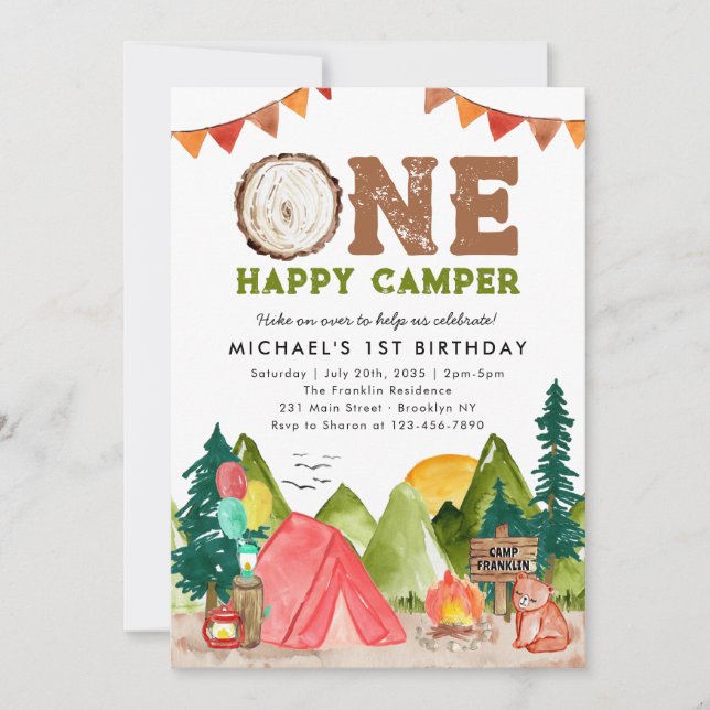 Invitación Un feliz camper Woodland Bear Boys primer cumpleañ (Anverso)