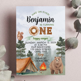 Invitación Un feliz camper Woodland Oso Primer Cumpleaños