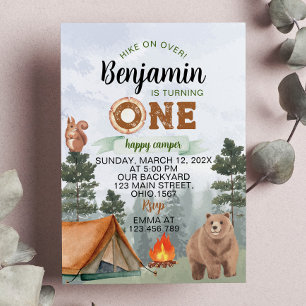 Invitación Un feliz camper Woodland Oso Primer Cumpleaños