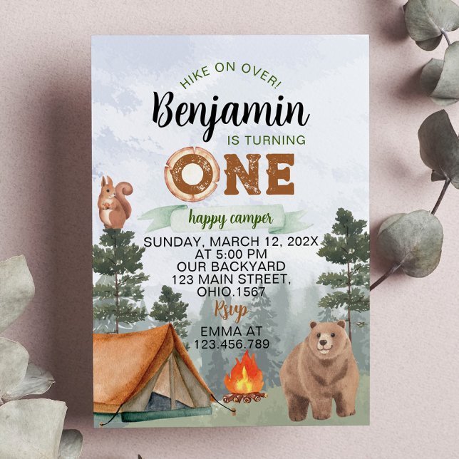 Invitación Un feliz camper Woodland Oso Primer Cumpleaños (Subido por el creador)