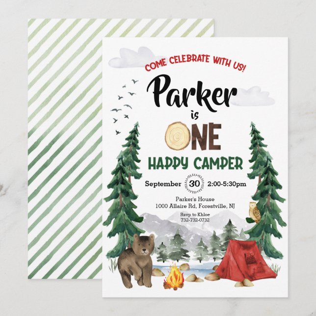 Invitación Un Feliz Campista de Bosque Primera Cumpleaños (Anverso / Reverso)