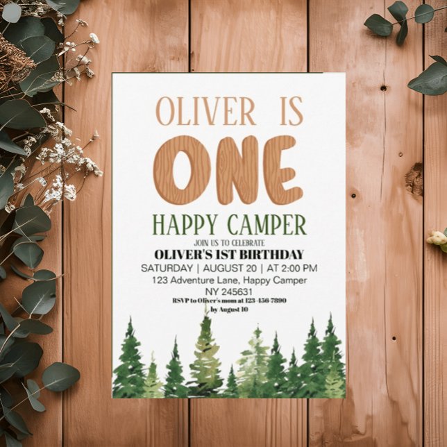 Invitación Un Feliz Campista Madera Muchachos 1er Cumpleaños (Subido por el creador)