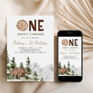 Invitación Un Feliz Campista Oso Acuarela Cumpleaños 1 Niño
