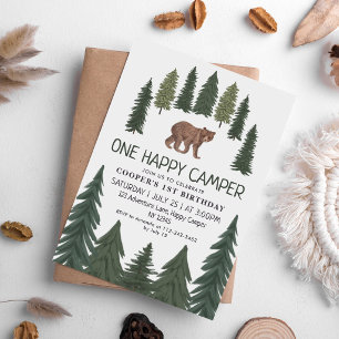 Invitación Un feliz campista Oso Bosque 1er Cumpleaños
