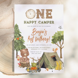 Invitación Un Feliz Campista Oso del Bosque Cumpleaños 1 Niño