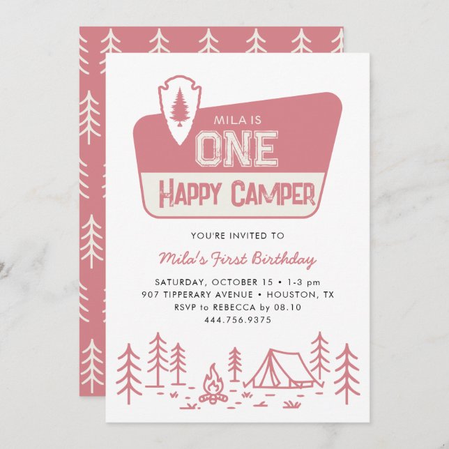 Invitación Un feliz Chica de Camper Primer Cumpleaños del Bos (Anverso / Reverso)