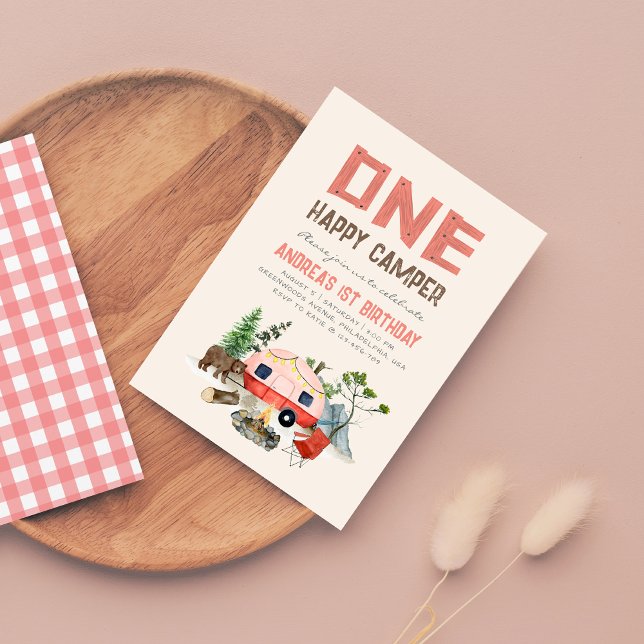 Invitación Un feliz Chica de Camper Woodland Primer Día Rosa (Subido por el creador)