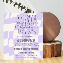Invitación Un feliz Chica retro primer cumpleaños