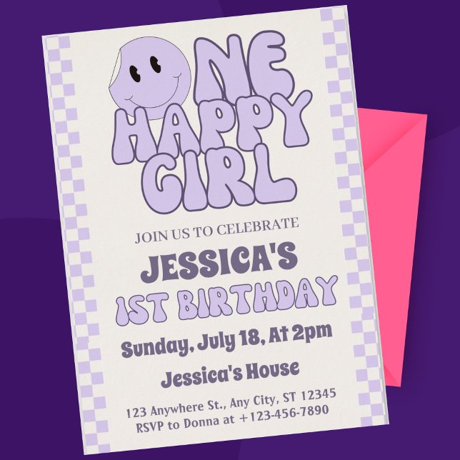 Invitación Un feliz Chica retro primer cumpleaños ("Turning one and having fun! Celebrate her 1st birthday with our retro smiley face invitation)