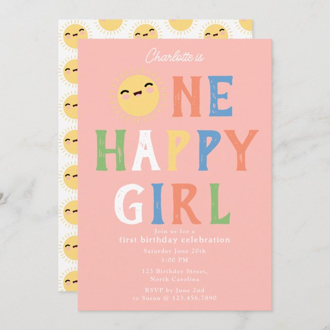 Invitación Un feliz cumpleaños Chica invita a primer cumpleañ (Anverso / Reverso)