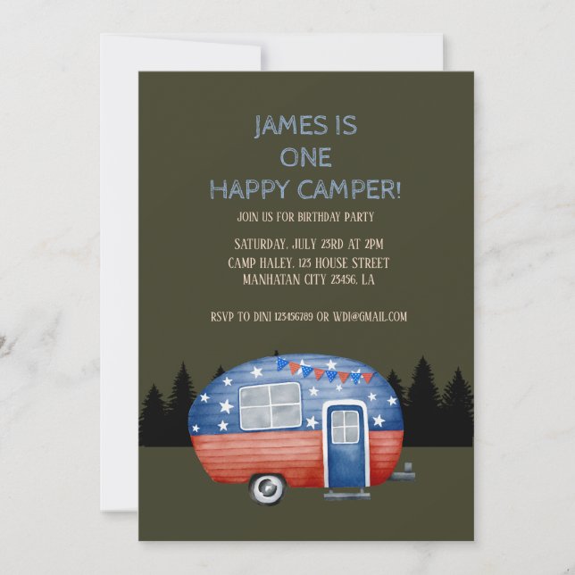 Invitación Un feliz cumpleaños de camper niños (Anverso)