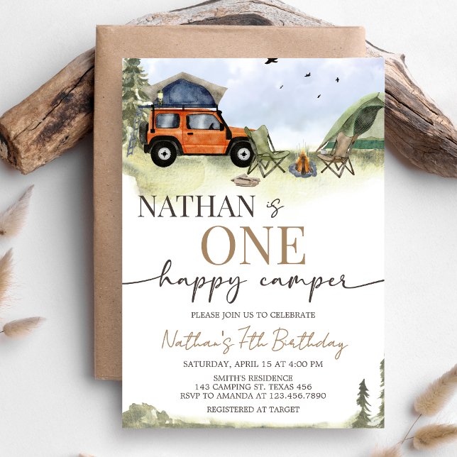 Invitación Un Feliz Cumpleaños de Camping para un Niño (One Happy Camper 1st Birthday Party Invitation)