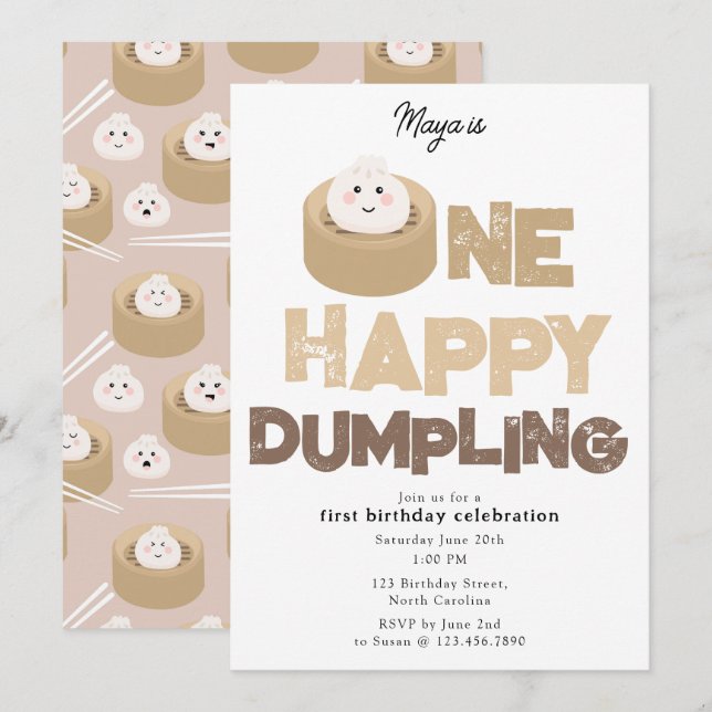 Invitación Un feliz dumpling Invita 1ro  Primer Cumpleaños Li (Anverso / Reverso)