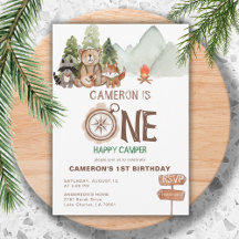 Un feliz Oso de Camper Watercolor Primer Cumpleaño