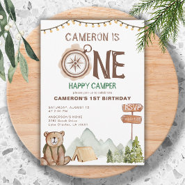 Invitación Un feliz Oso de Camper Woodland primer cumpleaños
