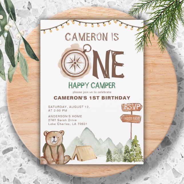 Invitación Un feliz Oso de Camper Woodland primer cumpleaños (Subido por el creador)