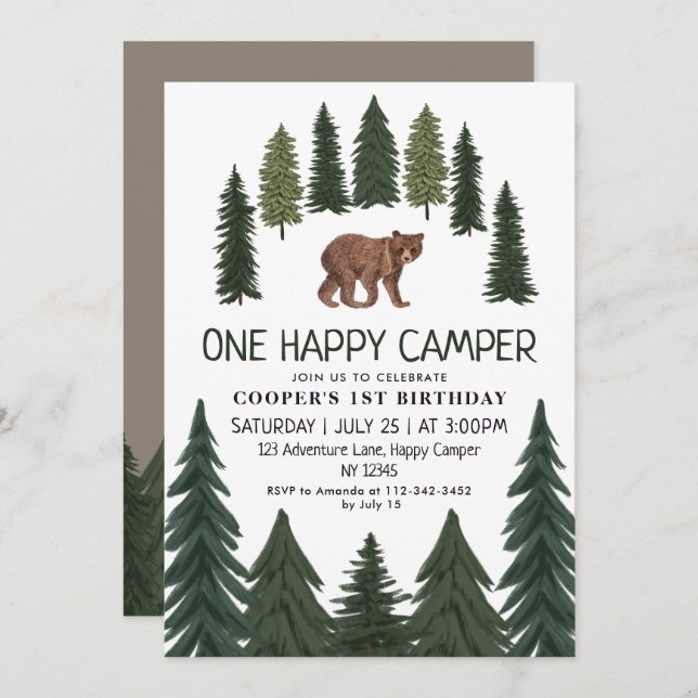 Invitación Un feliz Oso de Camper Woodland primer cumpleaños (Anverso / Reverso)